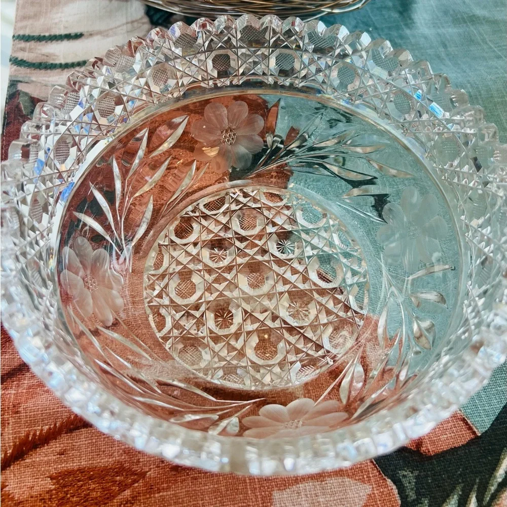American Brilliant Period Cut Glass Bowl – Floral & Hobstar Design - Picture 2 of 5